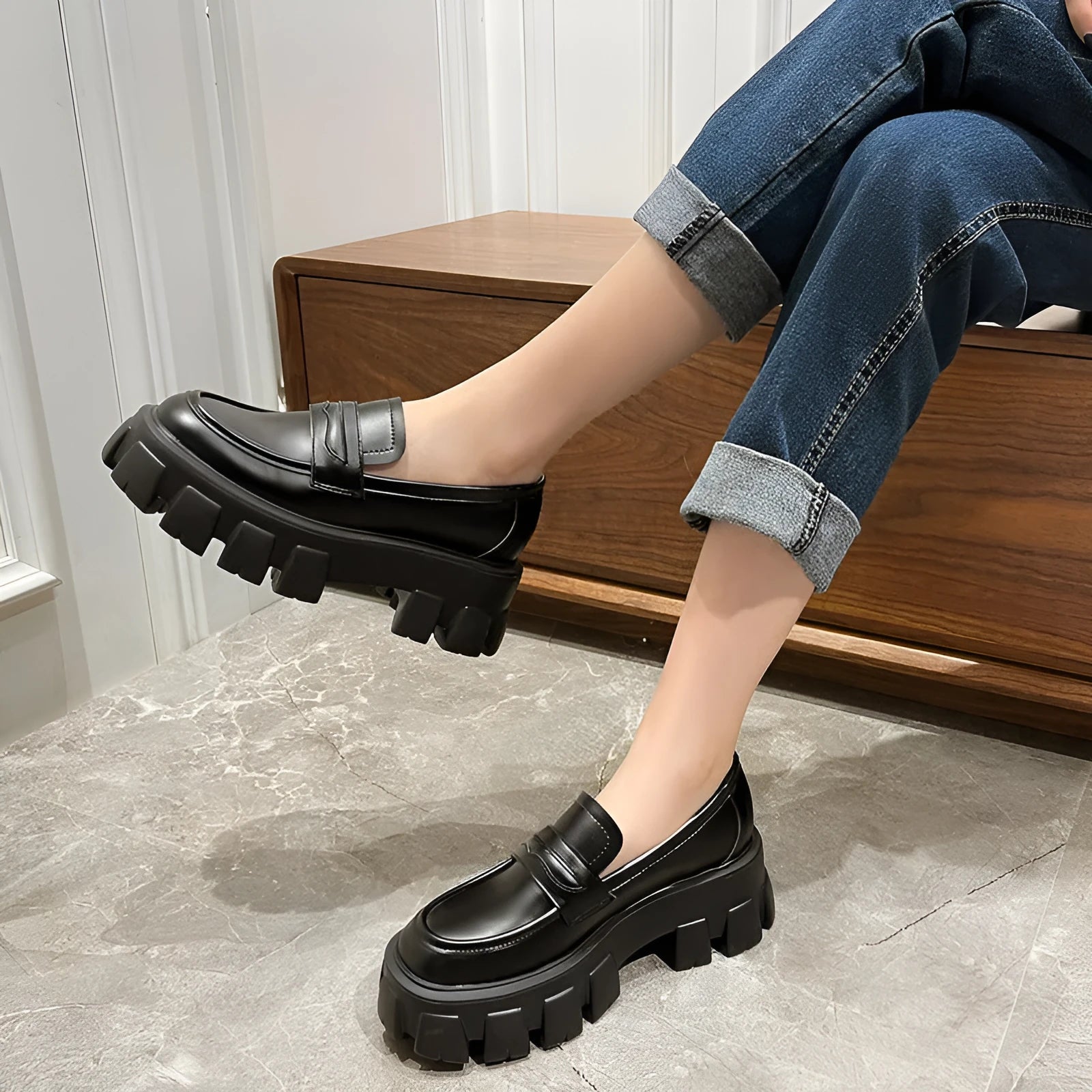 British style wide fit loafers in patent leather with a rubber sole