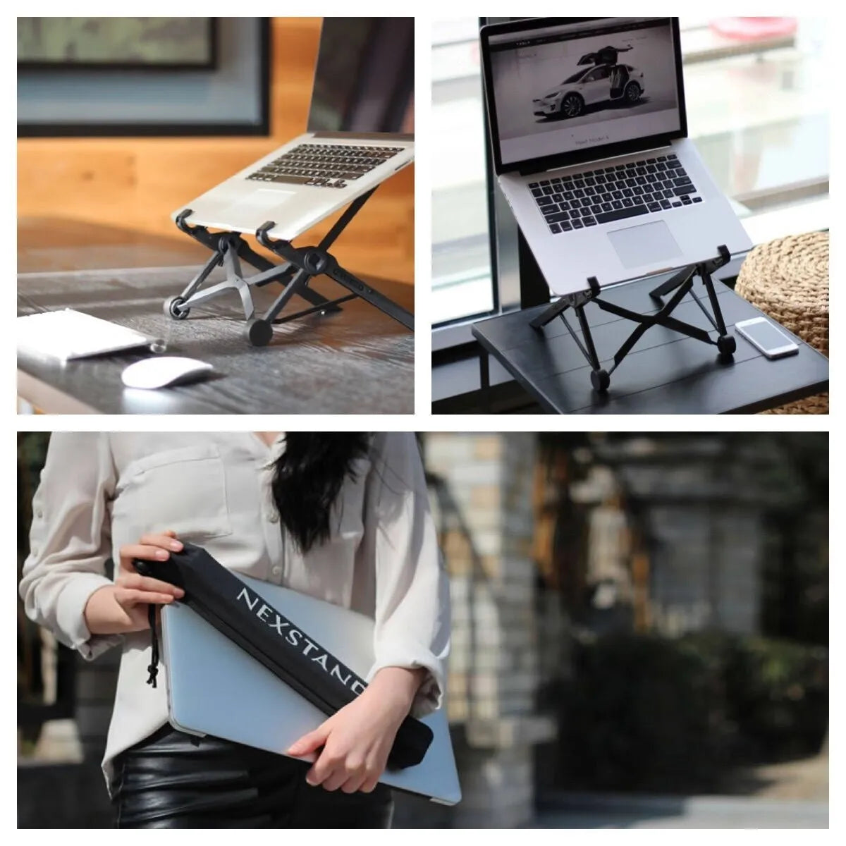 Sagacious black portable folding laptop stand on a wooden desk next to a laptop.