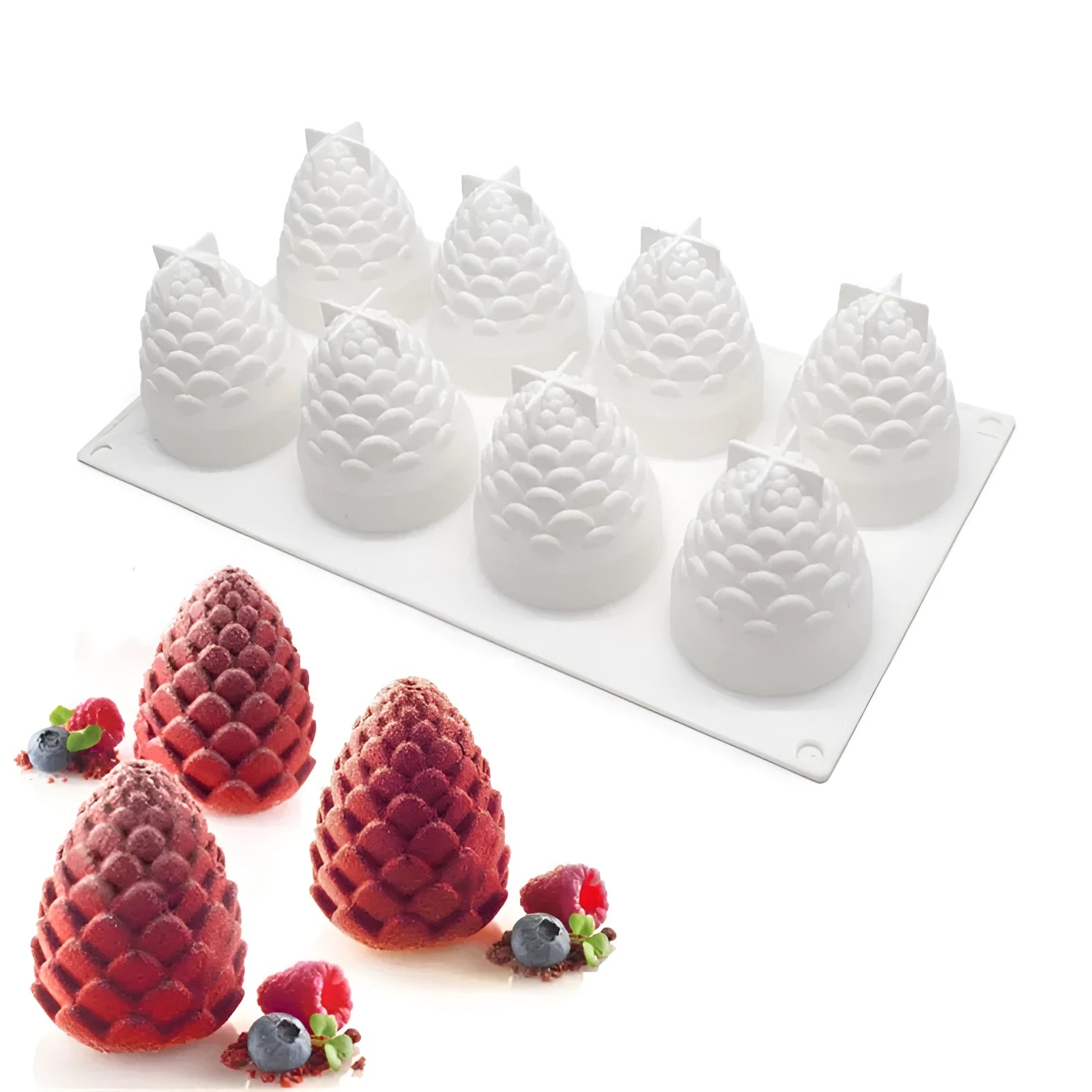 Flexible silicone baking mould with six cavities shaped like pineapple, pine cone, and pear fruit.