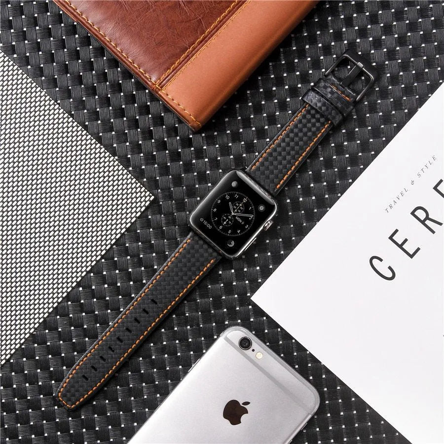 Carbon fibre patterned leather iPhone strap with matching PC hard shell case in red, black, orange, and blue.