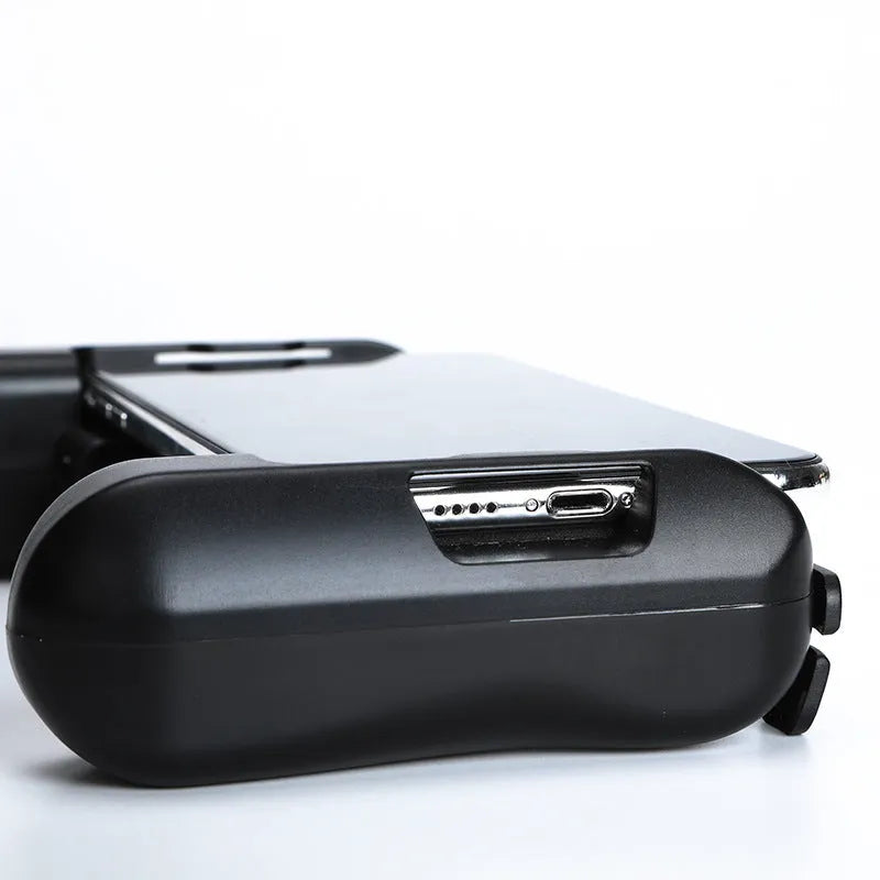 Black Bluetooth game controller with cooling fan for iPhone mobile gaming