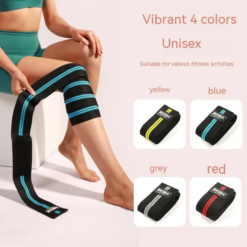 Adult adjustable sports knee pad in blue, shown for weightlifting and cycling protection.