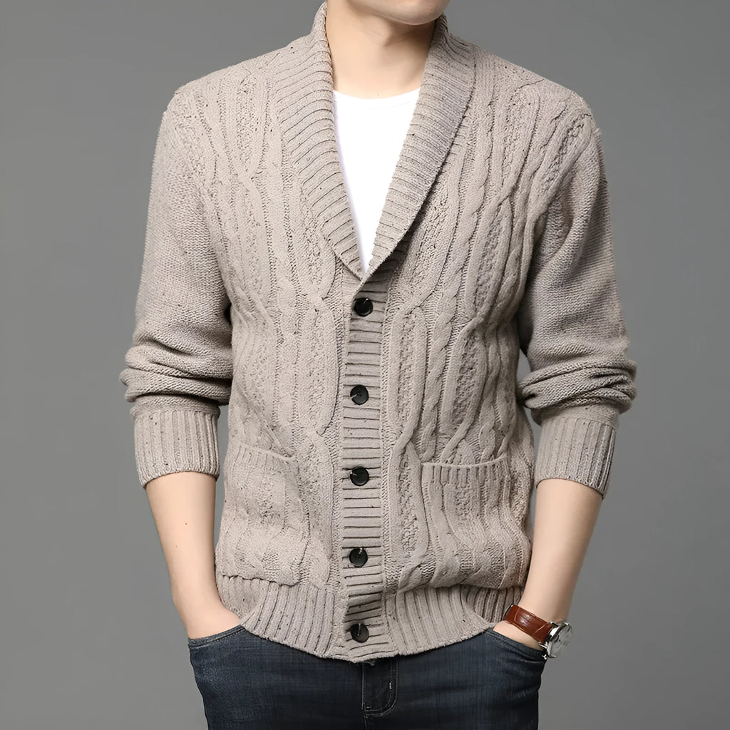 Men's knitted jacquard cardigan in a straight cut, shown in dark grey colour