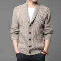 Men's knitted jacquard cardigan in a straight cut, shown in dark grey colour