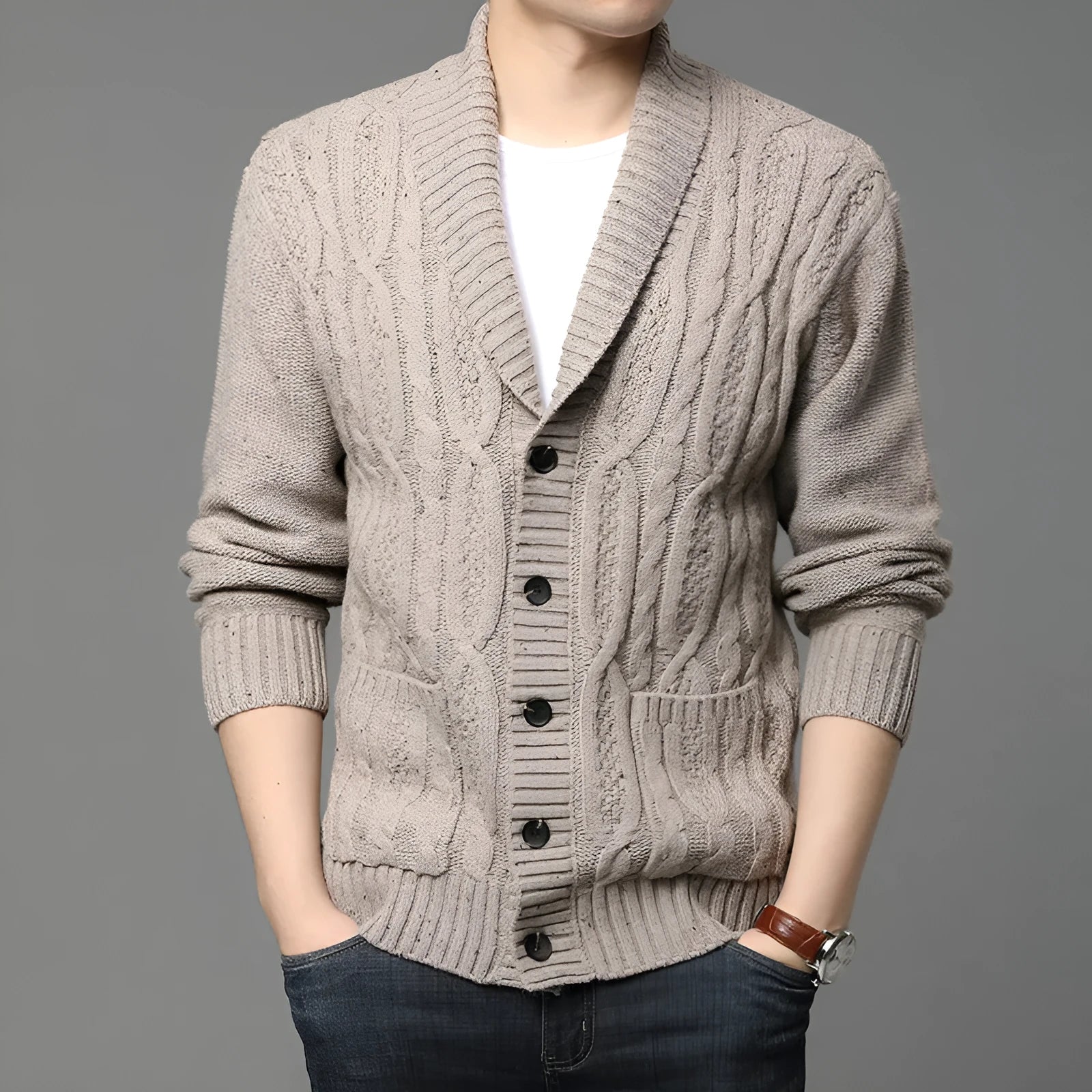 Men's knitted jacquard cardigan in a straight cut, shown in dark grey colour