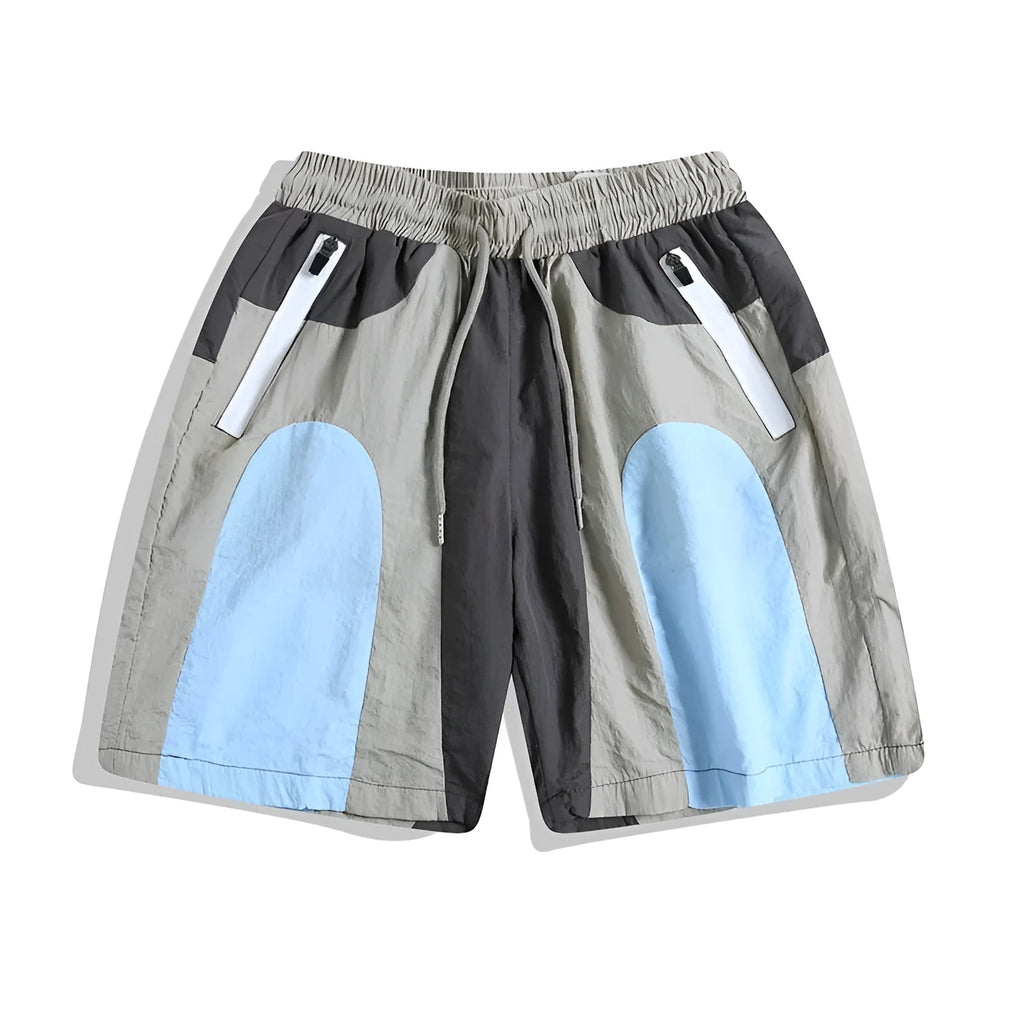 Blue patchwork quick-drying outdoor sports shorts with loose cut and straight-leg design