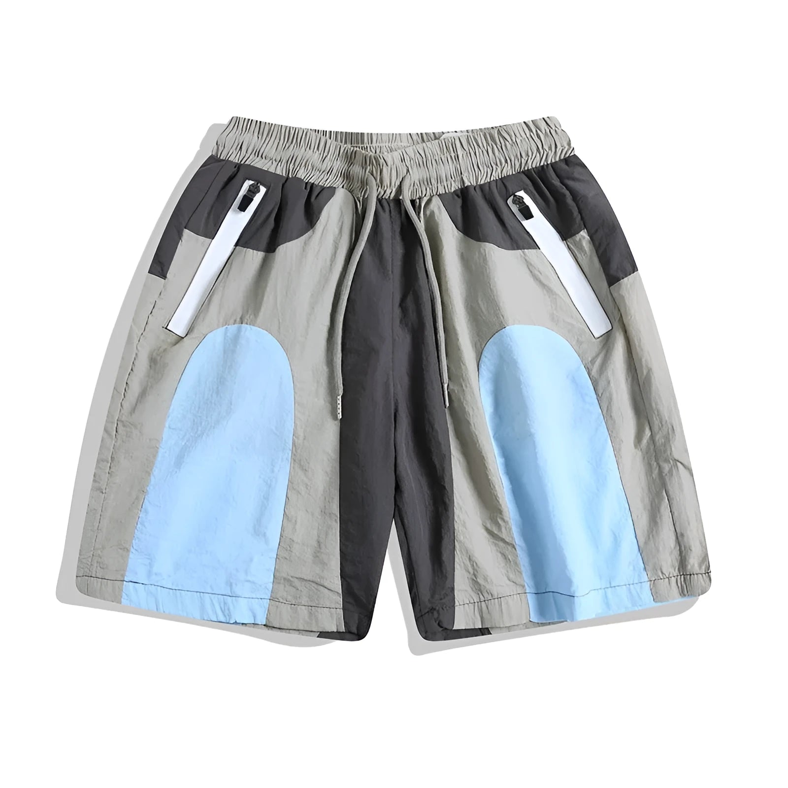 Blue patchwork quick-drying outdoor sports shorts with loose cut and straight-leg design