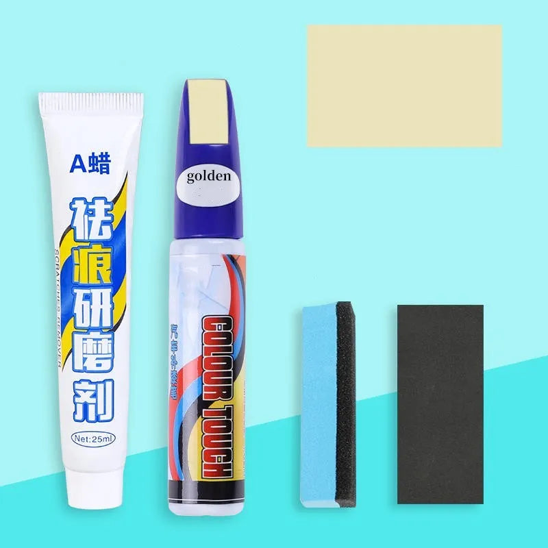 Automotive paint repair pen and scratch removal fluid 4-piece set for car touch-ups.