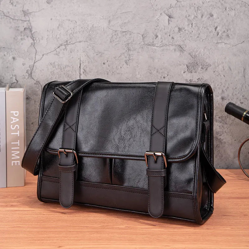 Black Korean-style men's commuter backpack with anti-theft function and PU construction