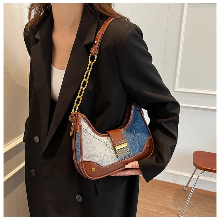 Brown denim women's shoulder bag with diamond chain, bucket design and street trend detailing