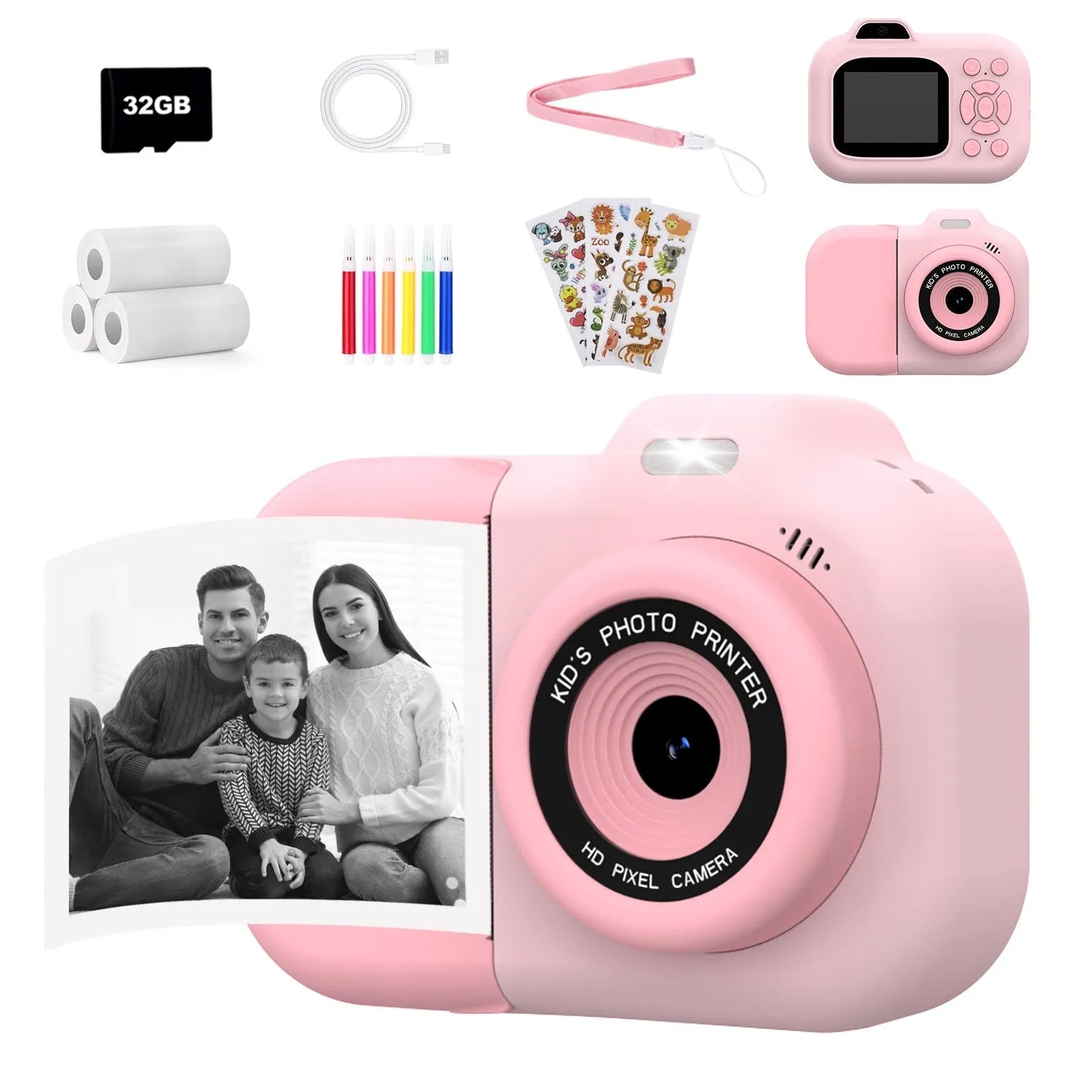 Children's plastic camera toy in blue, pink, or purple with screen, buttons, and included charging cable.