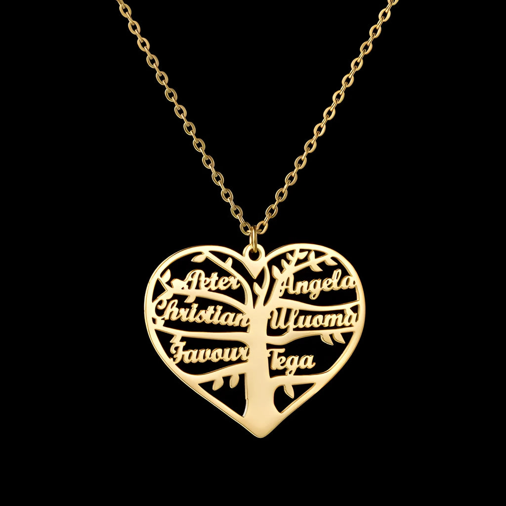 Close-up of a personalised stainless steel necklace with a heart-shaped pendant engraved with names and a family tree design.