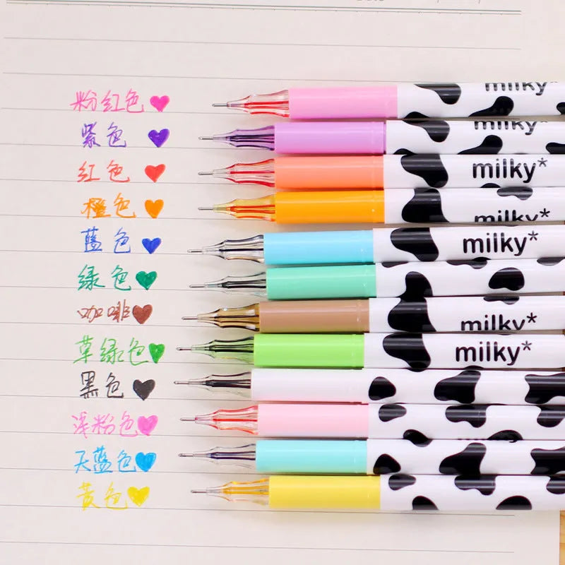 Box of 12 cow colour gel pens with 0.38mm fine tips in assorted colours for office and student use.