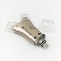 White 4-in-1 mobile phone card reader with Lightning, USB, Micro USB, and Type-C ports for SD cards