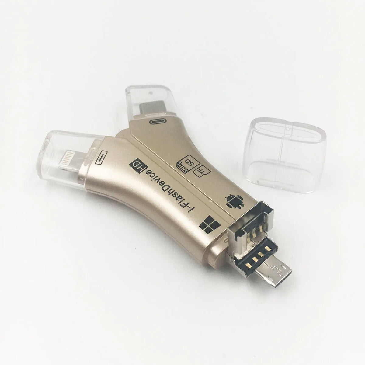 White 4-in-1 mobile phone card reader with Lightning, USB, Micro USB, and Type-C ports for SD cards