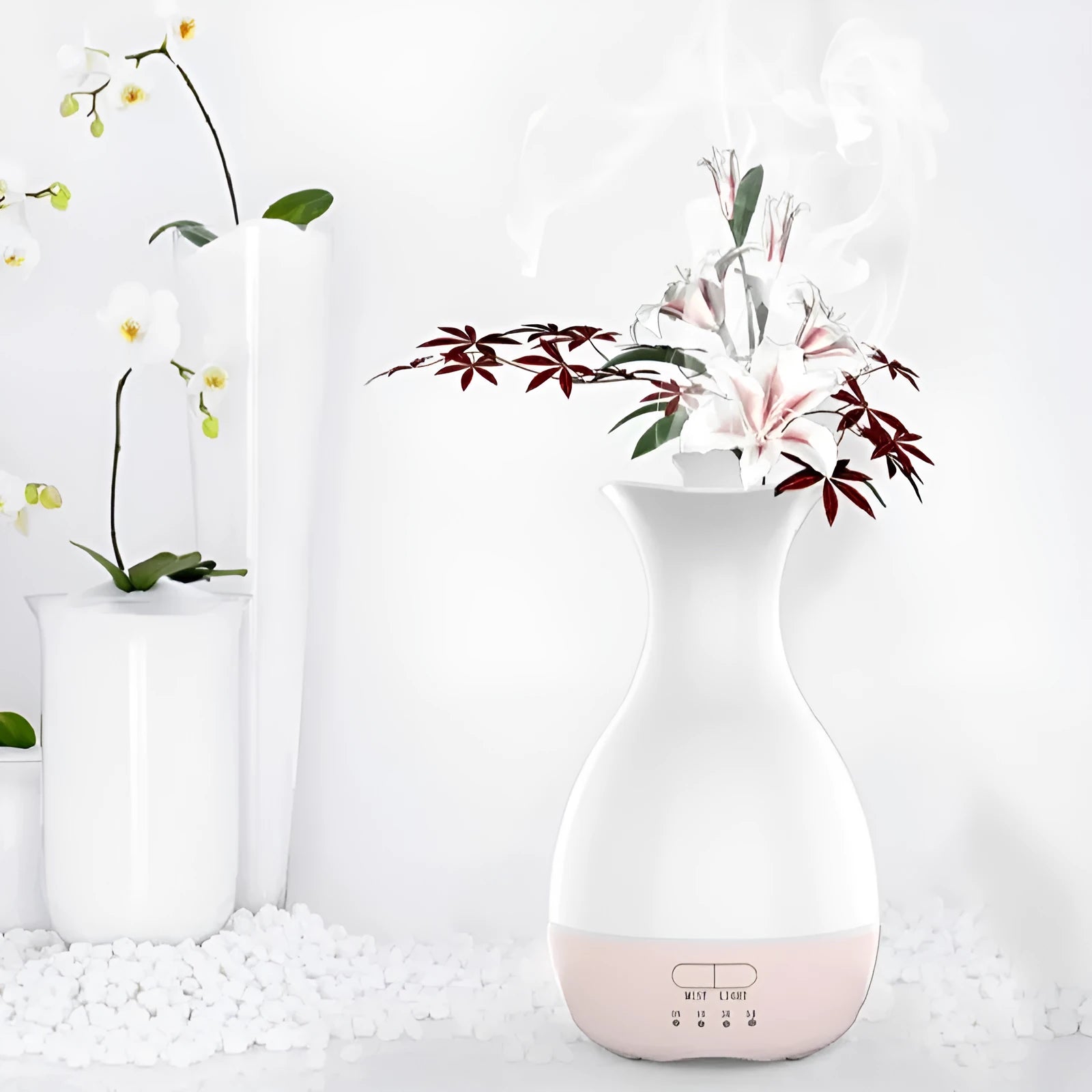 White ultrasonic aromatherapy vase humidifier with colourful LED night light and 200ml water tank.