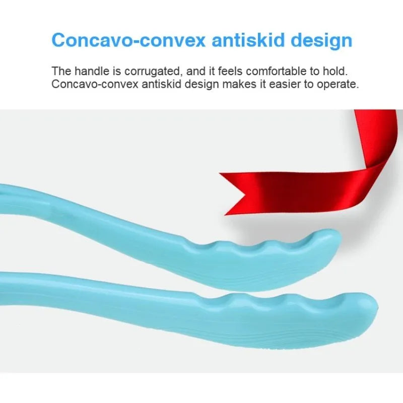 Blue plastic hand roller neck massager with adjustable stand and removable massage heads on a white background