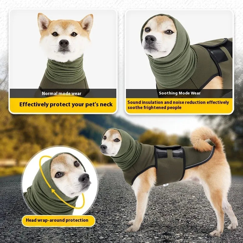 Army green dog anti-anxiety jacket wrapped around medium-sized dog