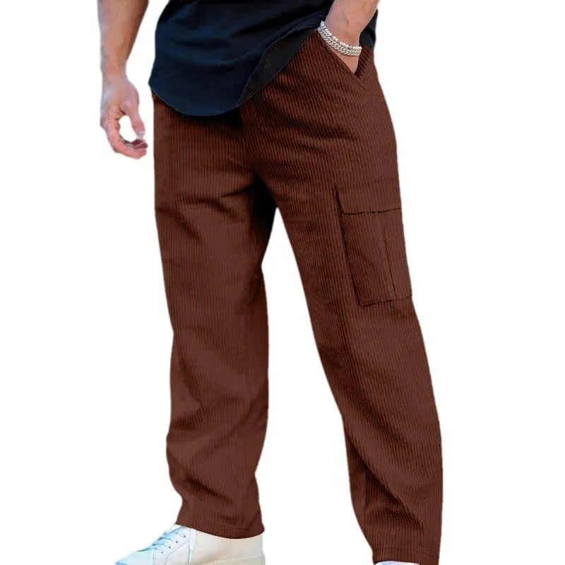 Men's corduroy cargo trousers in wide-leg straight cut with drawstring waist autumn casual pants