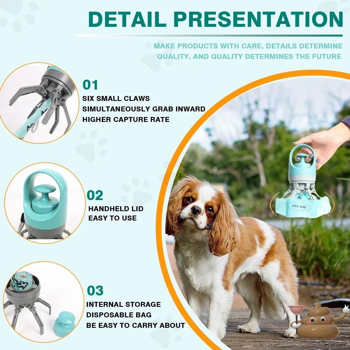 Blue and orange pet pooper scooper with claw mechanism and bag dispenser