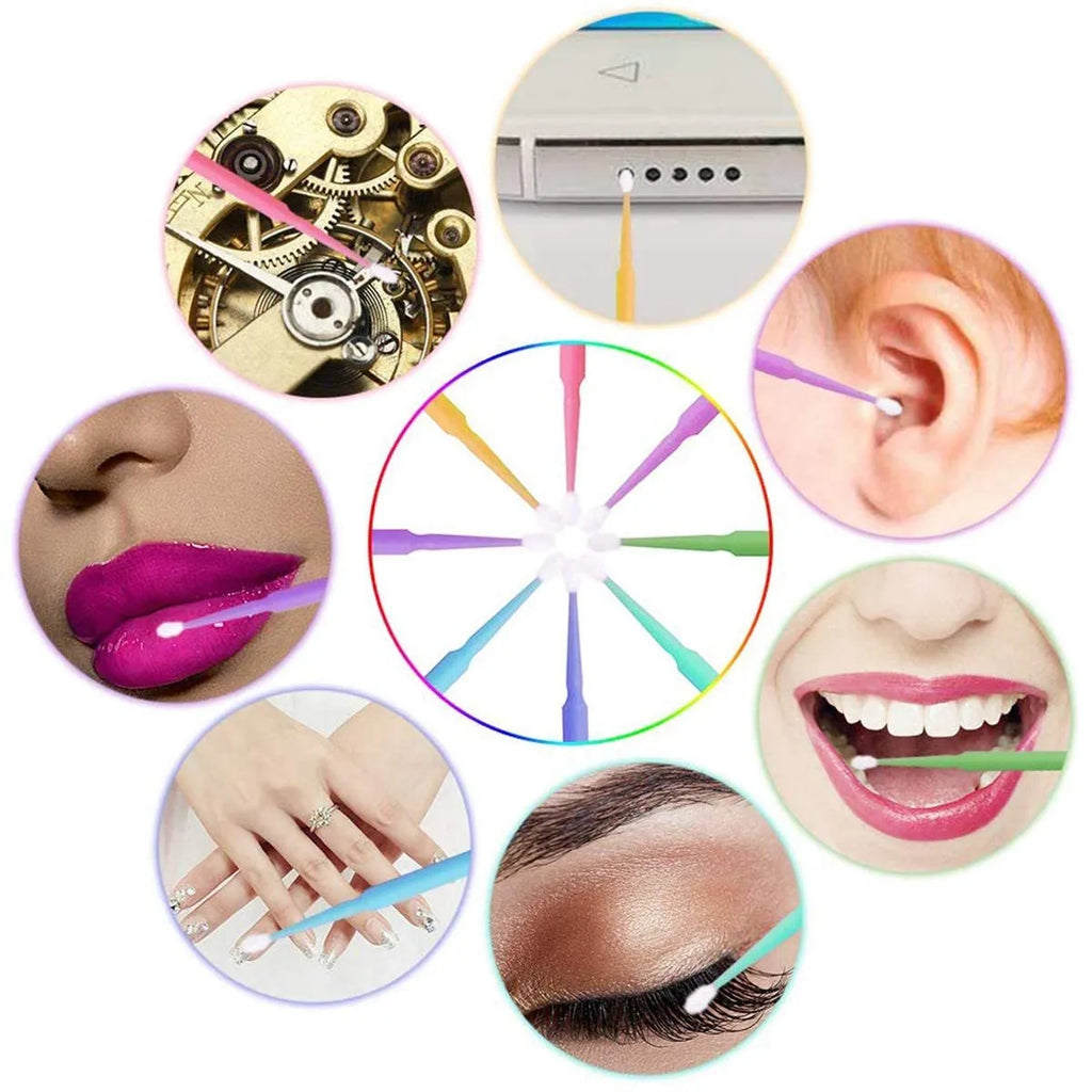 Disposable micro applicator brushes with bendable cotton swab tips and colour-coded handles for eyelash extensions and makeup