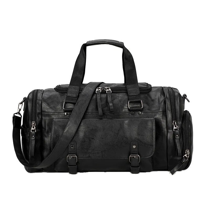 Black PU fabric travel duffle bag with a separate shoe compartment, shown with dimensions 52cm by 19cm by 27cm.