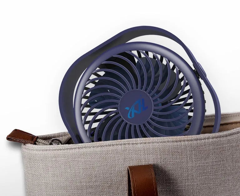 USB desk fan with alarm clock display in blue, showing 360-degree rotation capability.