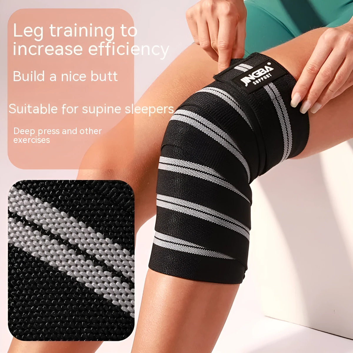 Adult adjustable sports knee pad in blue, shown for weightlifting and cycling protection.