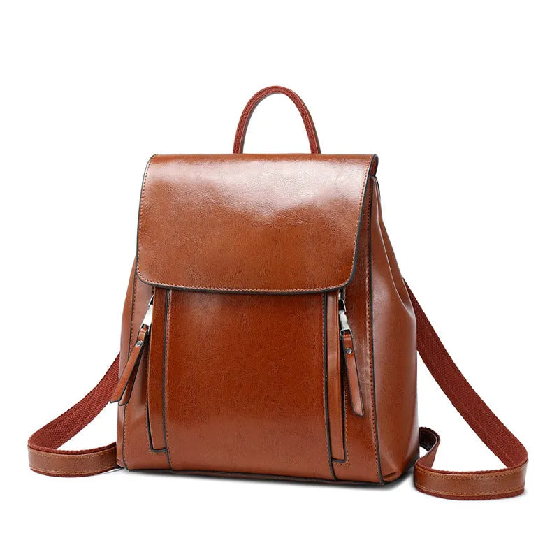 Genuine leather women's backpack in oil wax cowhide with multiple internal compartments