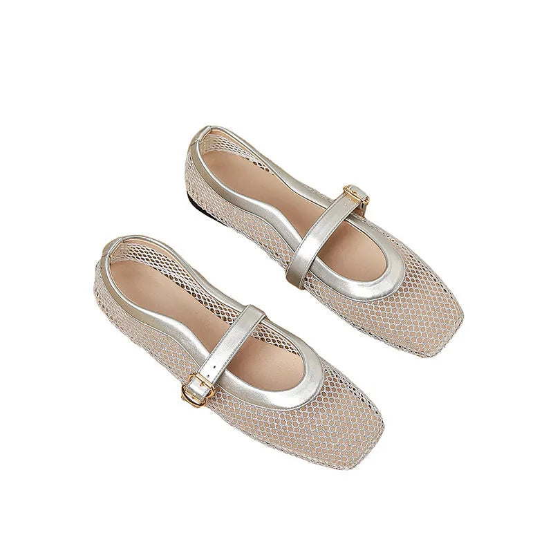 Women's beige mesh low-heel pump with square toe and buckle fastening.