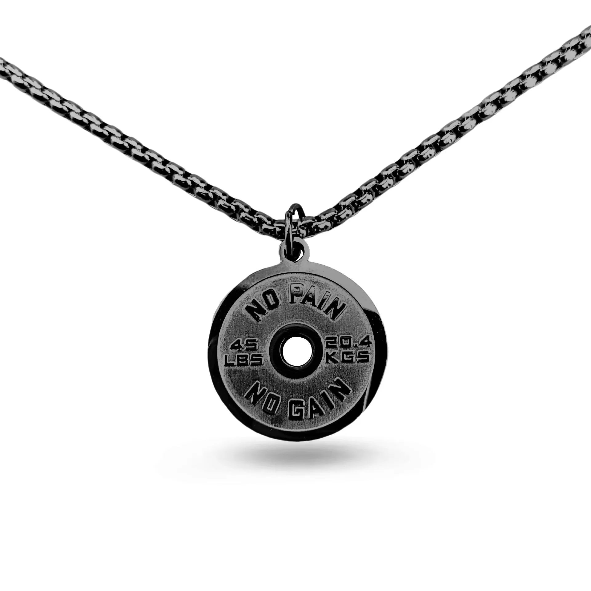 Geometric stainless steel barbell disc necklace with 60cm chain options on jewellery display
