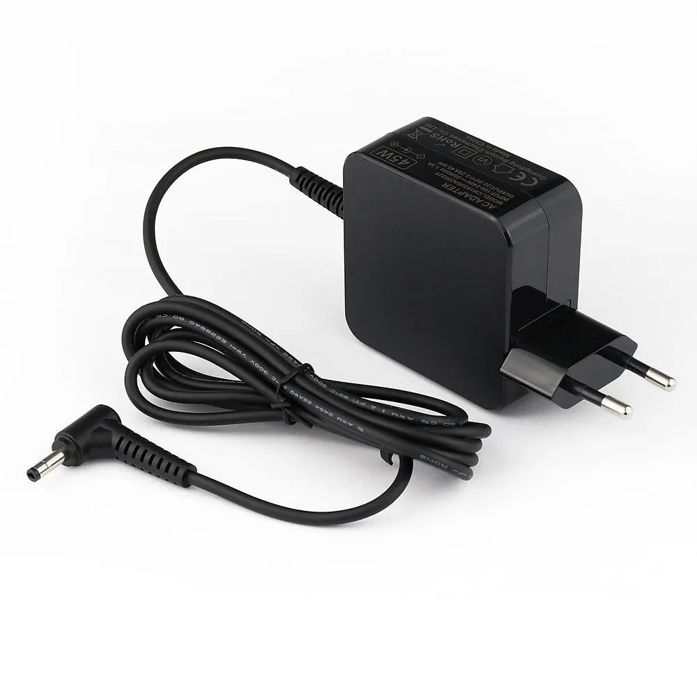 Black 45W laptop power adapter with US and EU plug options showing compact dimensions