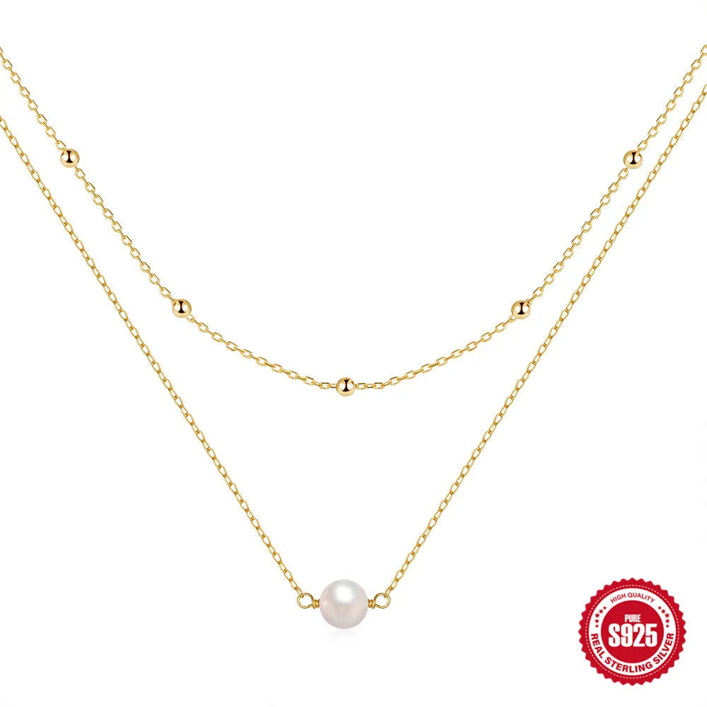 S925 sterling silver double layer necklace with twin pearls on geometric pendant, gold or white gold plating