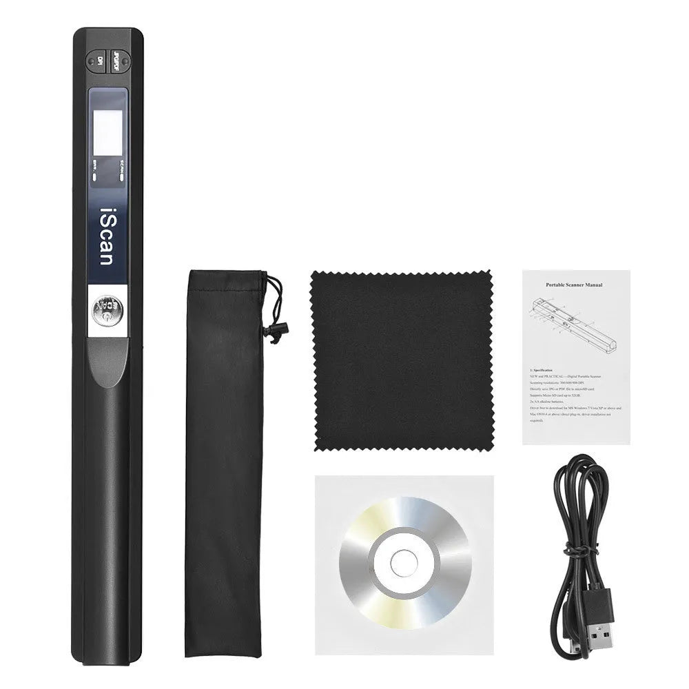 Plastic handheld USB document scanner on a desk next to papers.