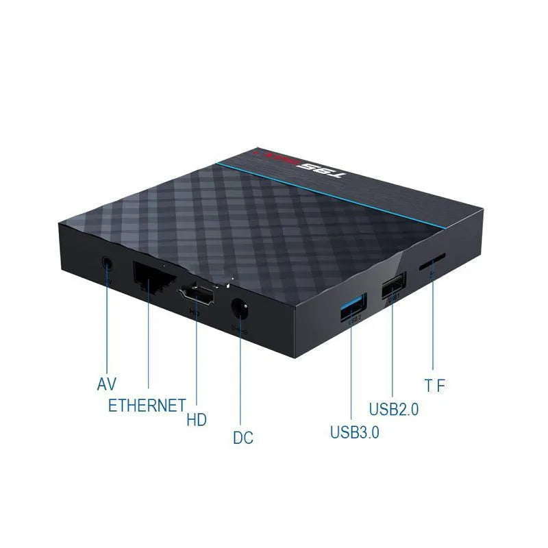 Black T95 Max Plus Android TV Box with remote, showing choice of US, EU, and UK power plugs.