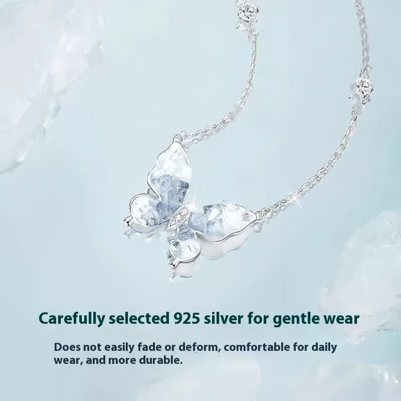 Bingyu butterfly necklace in 925 silver with ice rain pendant on adjustable O-ring chain