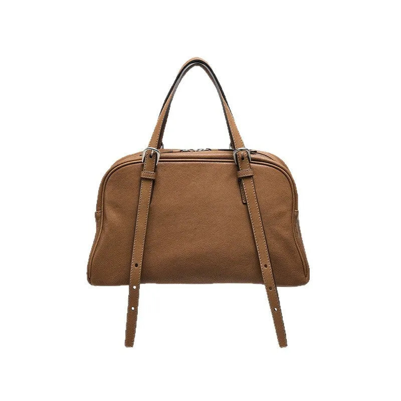 Women's retro genuine leather shoulder bag in horizontal square shape with double straps