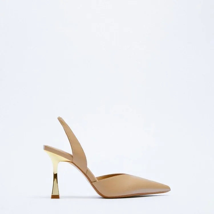 Women's pointed toe high heels in patent leather, shown in apricot and black colours.