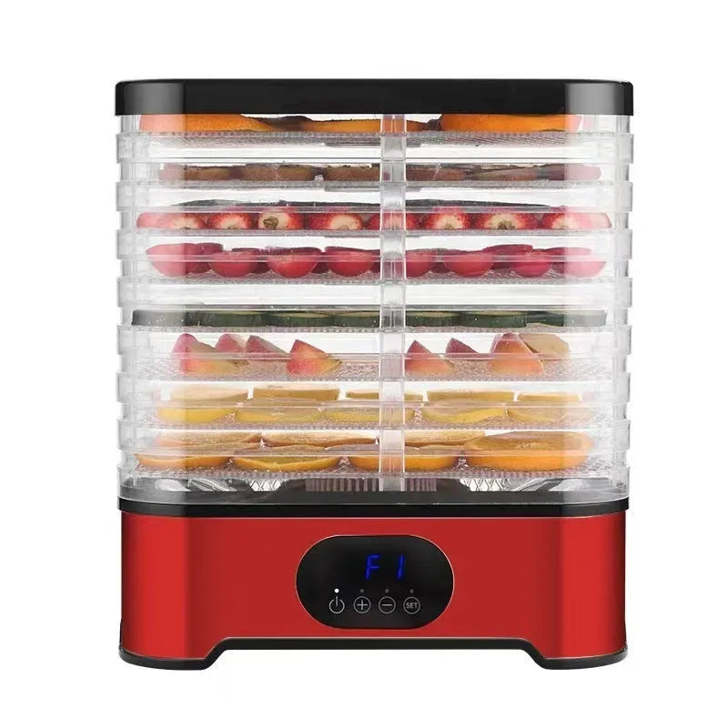 Silver or red 8-layer food dehydrator with 400W power and adjustable temperature control
