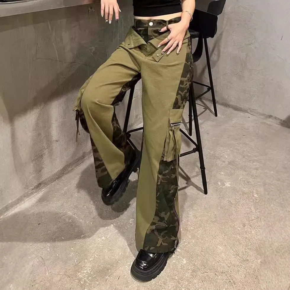 Women's high waist straight leg jeans with leopard print detail on dark khaki denim