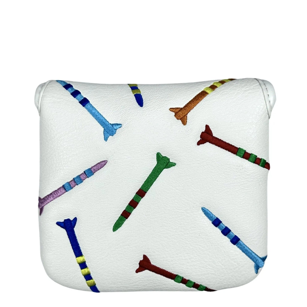 Black golf putter protective sleeve with white rocket pattern design for square club heads.