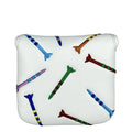 Black golf putter protective sleeve with white rocket pattern design for square club heads.