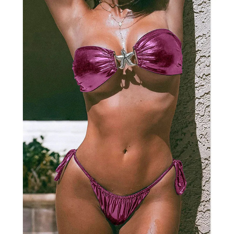 Women's glossy gold starfish print tube top bikini set in blue or pink