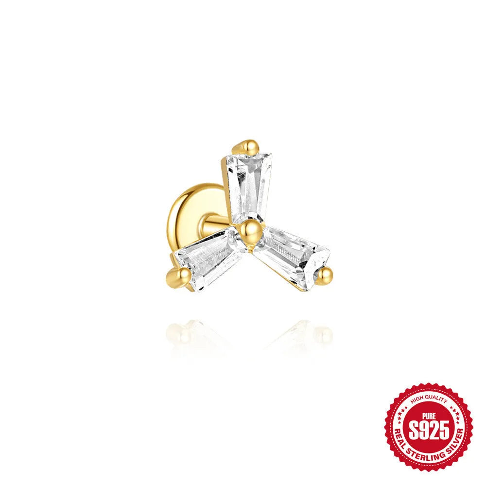 Golden geometric S925 sterling silver stud earrings with zircon inlay for double piercings, showing clover, crown, chain horse eye and double piercings designs.