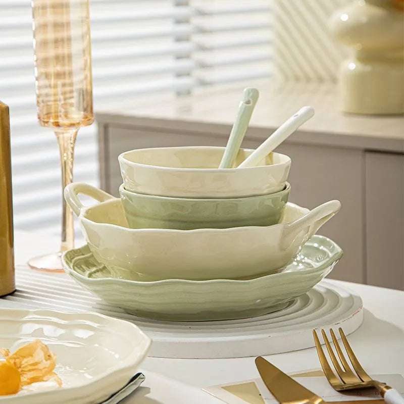 Seven-piece solid colour ceramic tableware set with modern Japanese design in gift box packaging