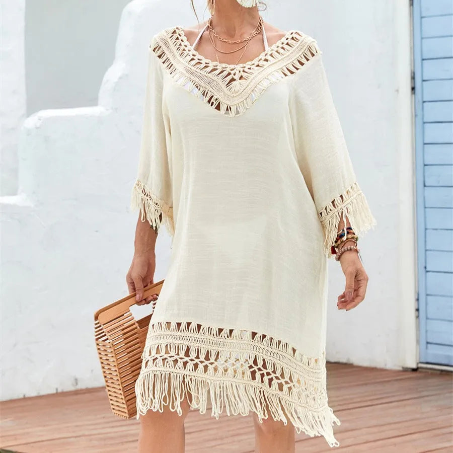 Women's apricot crocheted knitted patchwork beach dress with half sleeves and mid-length skirt