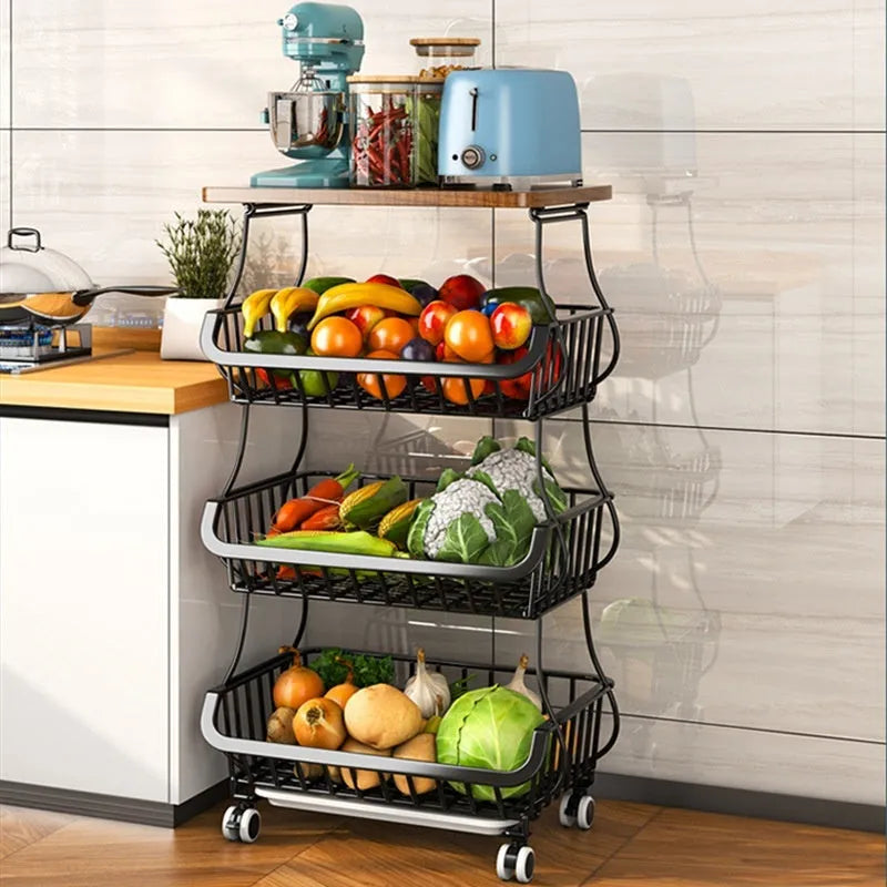 Black six-tier freestanding kitchen storage trolley with metal frame.