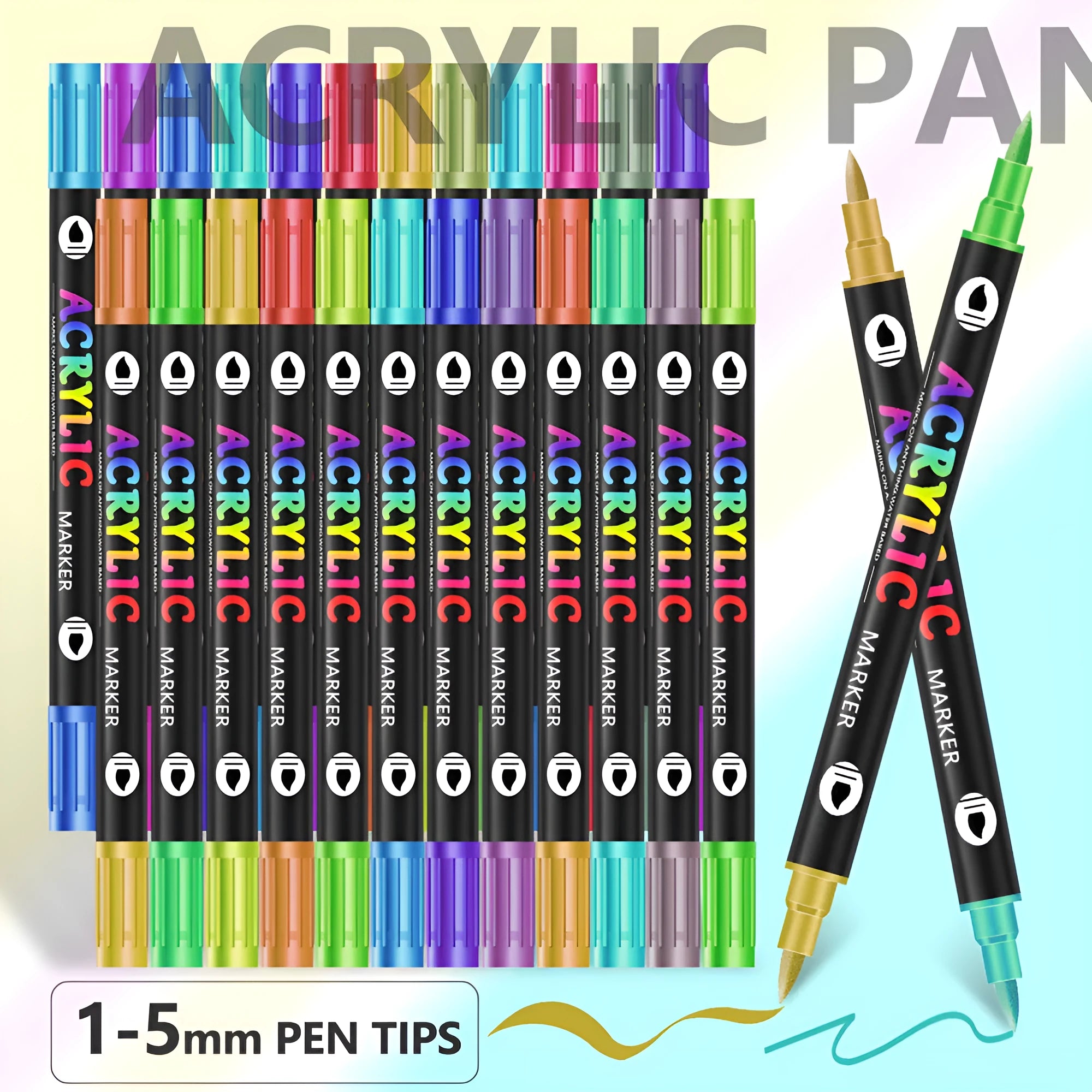 Set of double-headed acrylic marker pens with fine and brush tips showing opaque washable ink