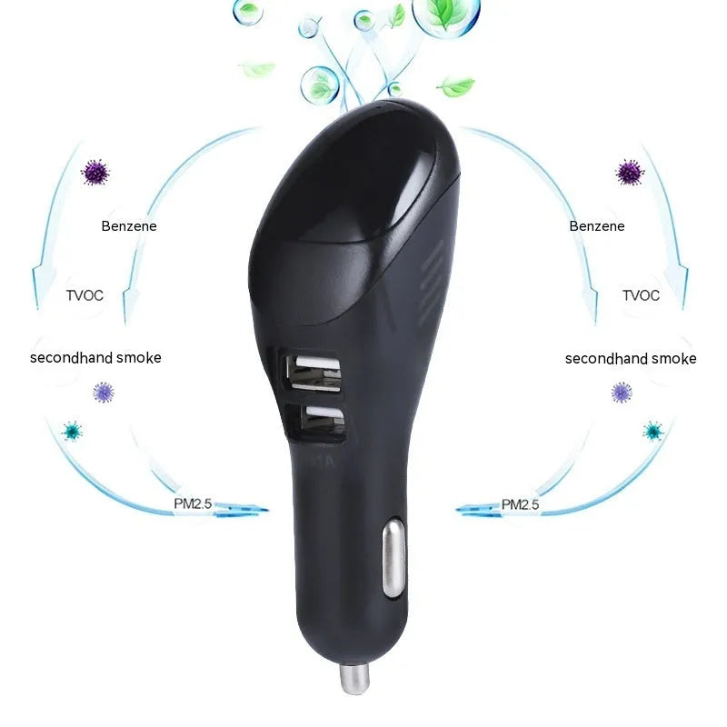 White car USB charger with integrated negative ion air purifier showing dual USB ports