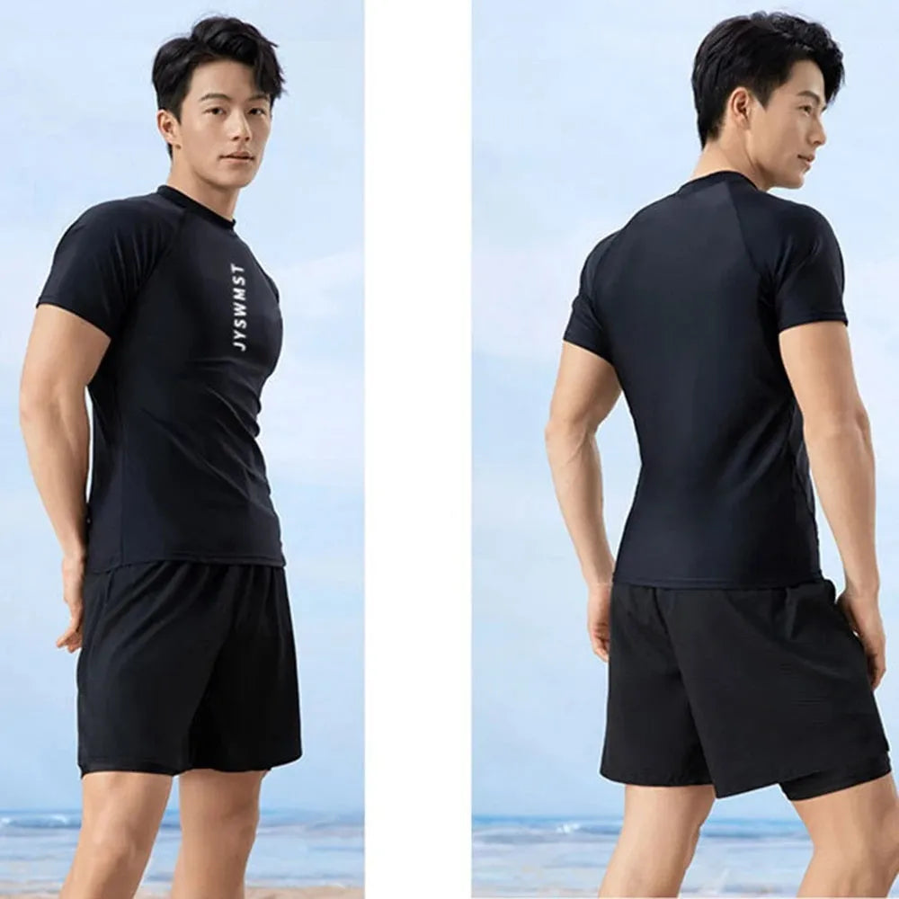 Men's two-piece plus size swimming trunks set in polyester, showing colour options A Suit, B Suit, and C Suit.